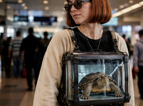 Traveler wearing a turtle enclosure as a chest-mounted personal item