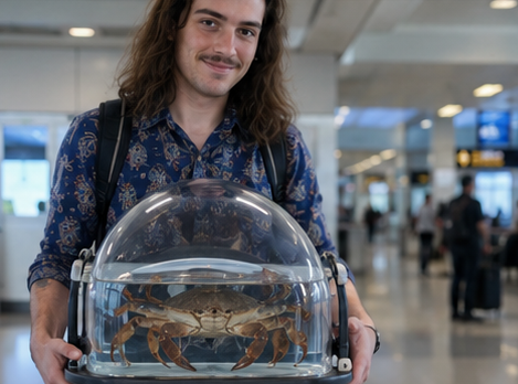 Traveler holding a crab in a domed enclosure