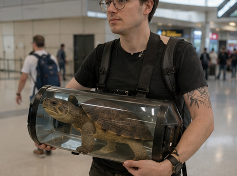 Traveler holding a soft-shell turtle in a cylindrical enclosure