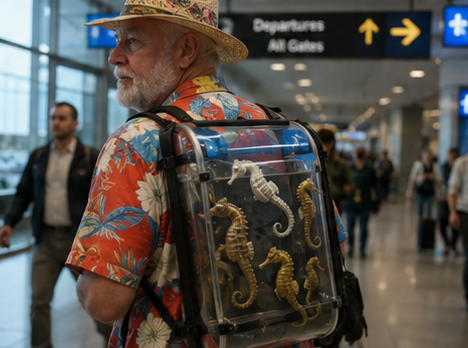Traveler in a Hawaiian shirt with a backpack enclosure of seahorses
