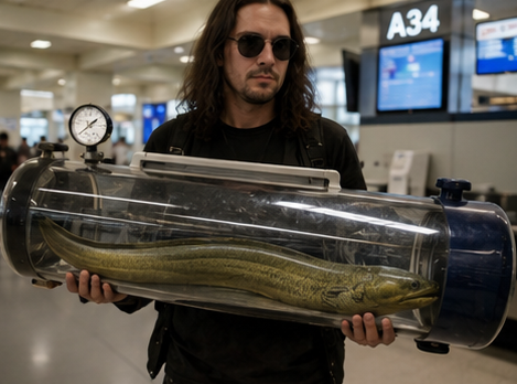 Traveler holding an eel in a long cylindrical enclosure at gate A34